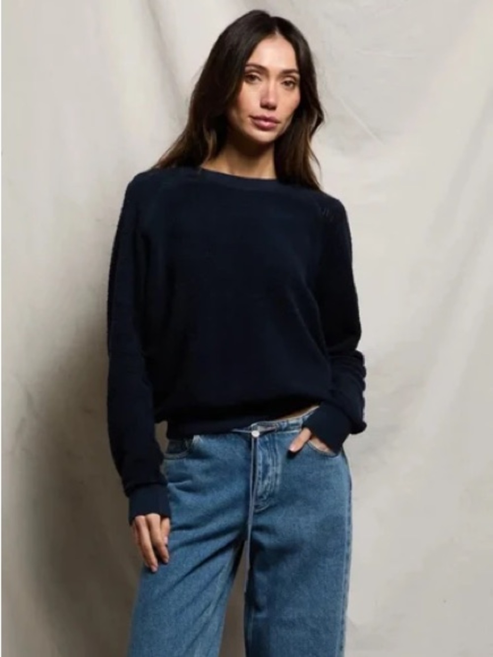 Perfectwhitetee Ziggy reversed fleece crew neck sweatshirt- Navy